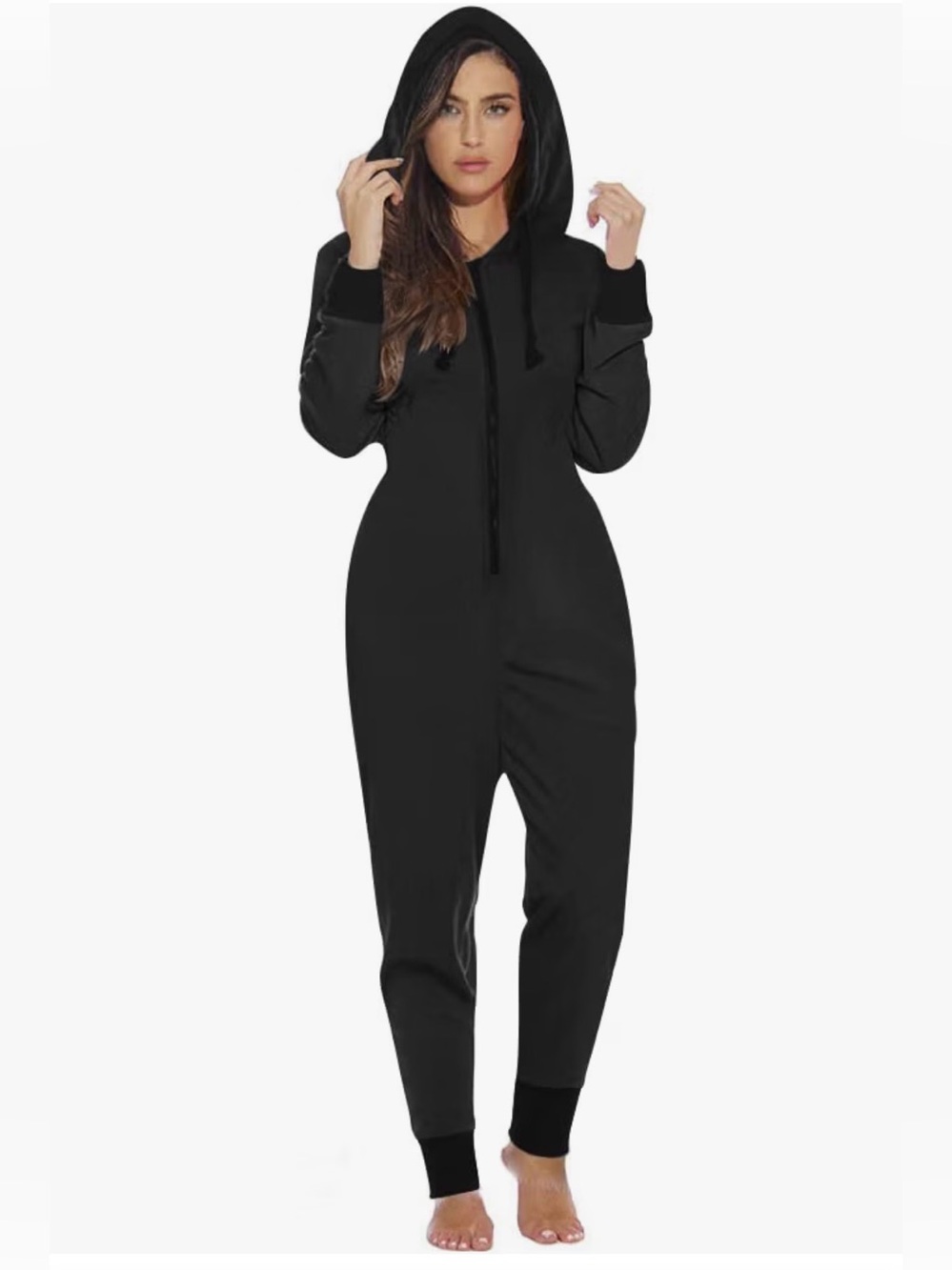 Women’s Black Hooded Jumpsuit Romper Fleece Sleeper Size L